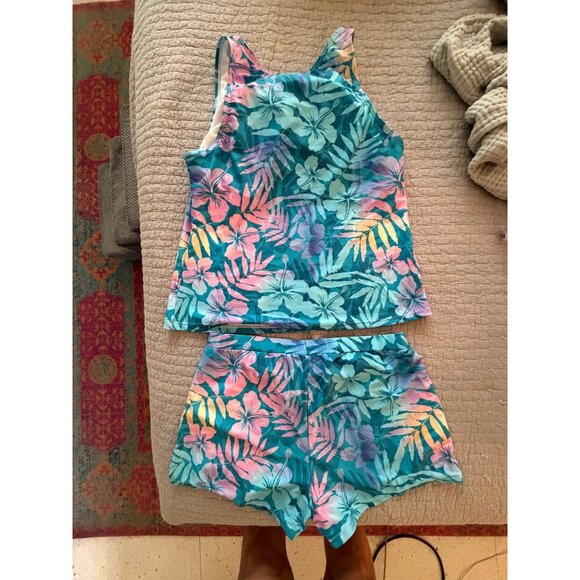 Floral High Neck Wide Straps Tankini Set With Shorts Size Large Blue Pink NWOT - Picture 14 of 14